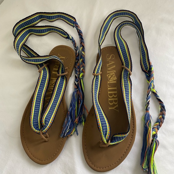 SAM&LIBBY Minimalist Multicolor Braided Wrap Strap Gladiator Flat Sandals Sz 7.5 - Picture 2 of 11